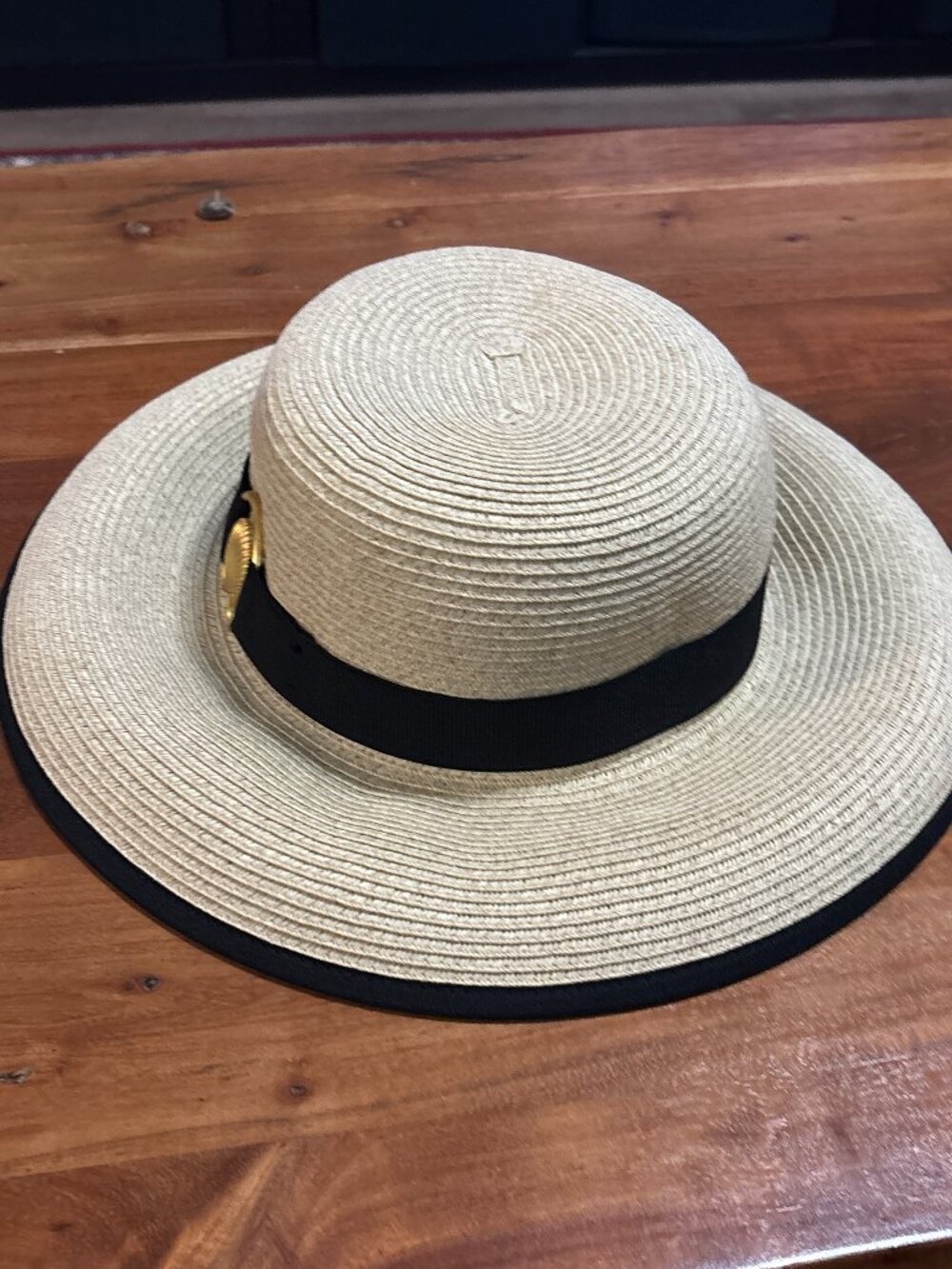 Sun-n-Sand Women's Straw Beach Hat with Black Band w/ Gold Shell